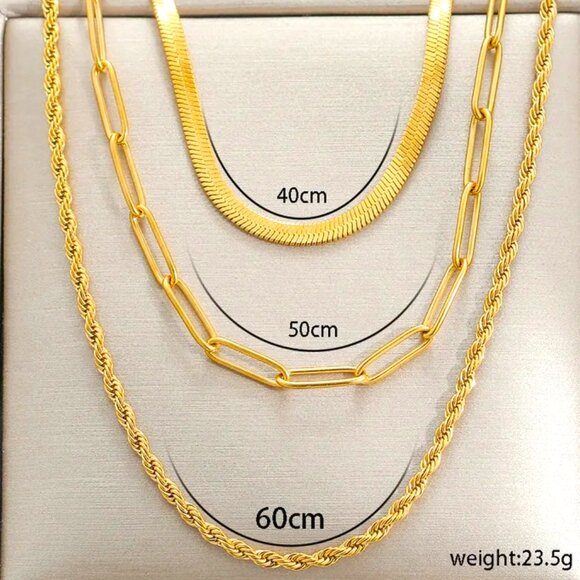 18K GOLD FILL 3 IN 1 NECKLACE THICK ROPE CHAIN PAPER CLIP AND THICK SMOOTH LINK